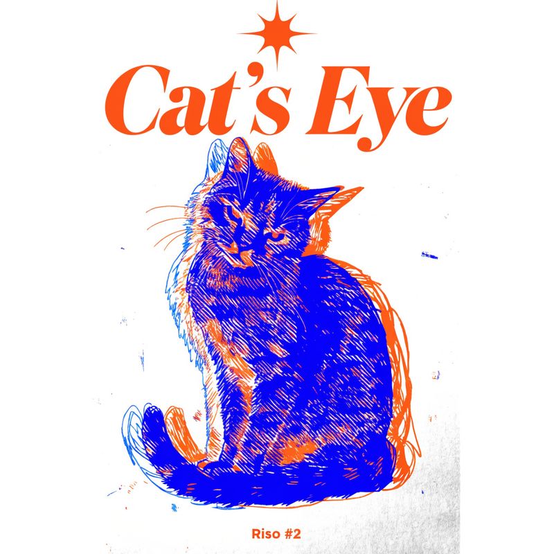 Riso print poster illustration of a stylized cat sitting upright in layered fluorescent blue and orange inks