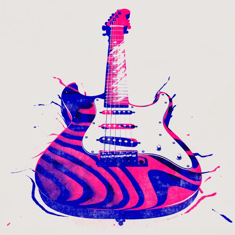 Riso print poster illustration of a stylized electric guitar viewed from above in layered fluorescent pink and cobalt blue inks