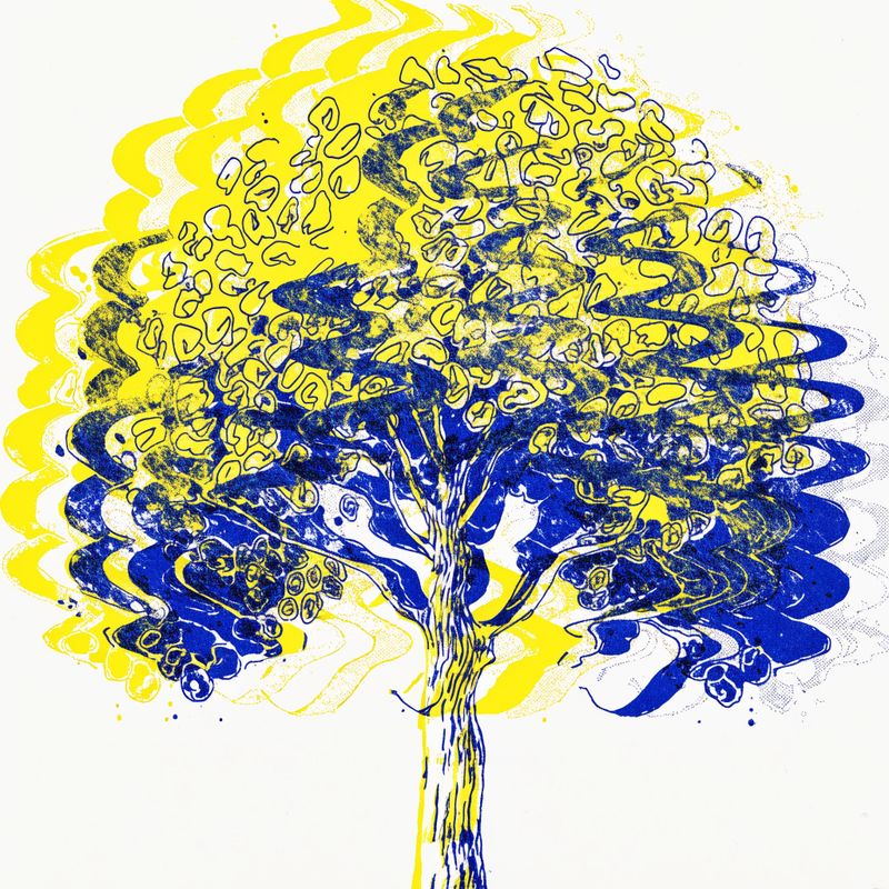 Riso print poster illustration of a stylized single large tree with a full round canopy in layered fluorescent yellow and cobalt blue inks