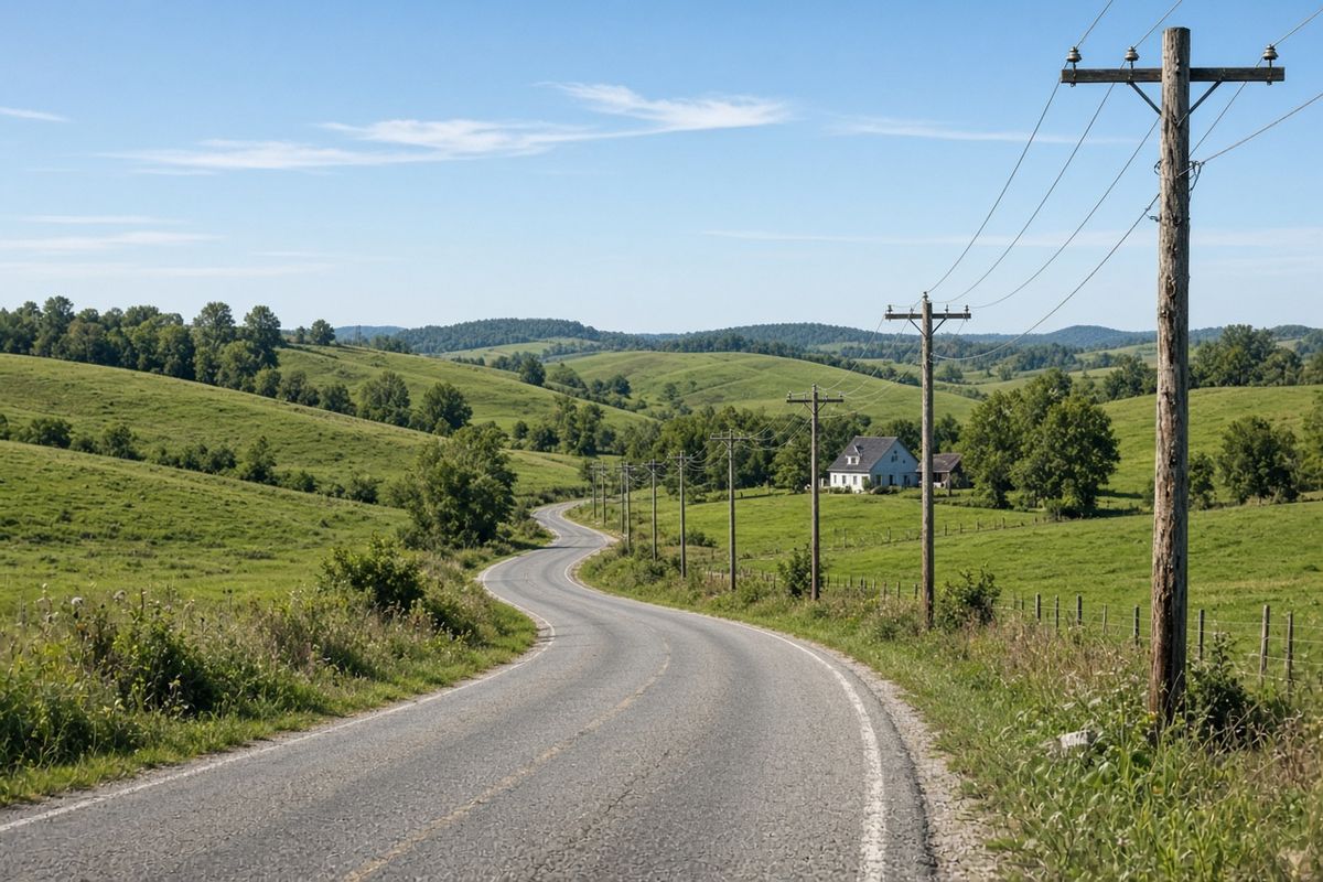 A countryside road curving through green hills with wooden utility poles and power lines along the roadside
