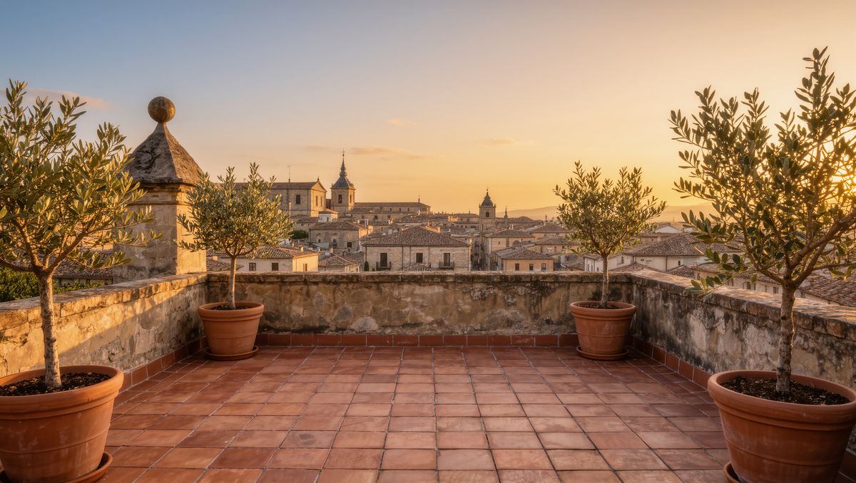 An empty rooftop terrace at golden hour with terracotta tiles, potted olive trees, and an old town skyline