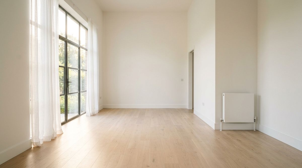 A locked-off wide shot of an empty modern living room in warm morning light: pale hardwood floors, tall white walls, a large window on the left with sheer curtains, no furniture, one clean corner with a plain white radiator