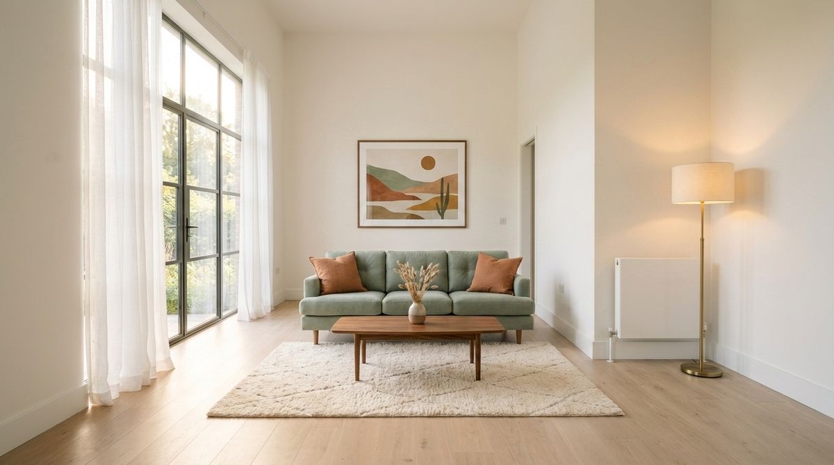 The same living room from the same locked-off angle now fully furnished: a sage-green three-seater sofa against the back wall with warm terracotta pillows, a warm-walnut coffee table with a small ceramic vase of dried grasses, a cream Berber rug, a floor lamp in the far right corner, a large framed abstract landscape print above the sofa