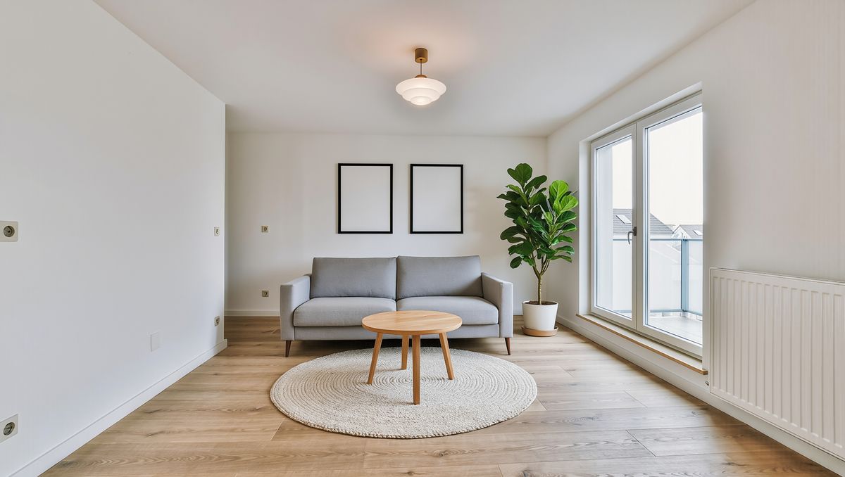 The same living room furnished with a light gray sofa, a round oak coffee table on a cream rug, framed prints, and a tall plant