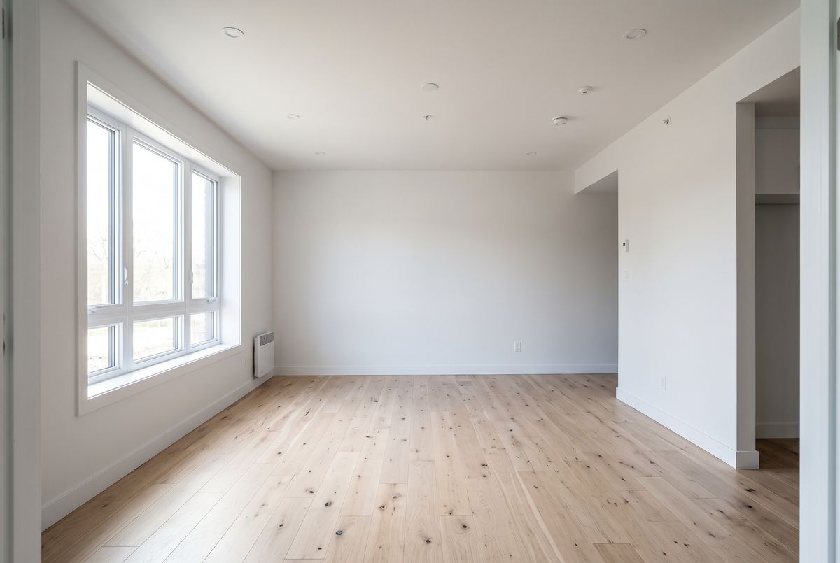 An empty living room with pale oak floorboards, white walls, and a large window on the left wall letting in daylight