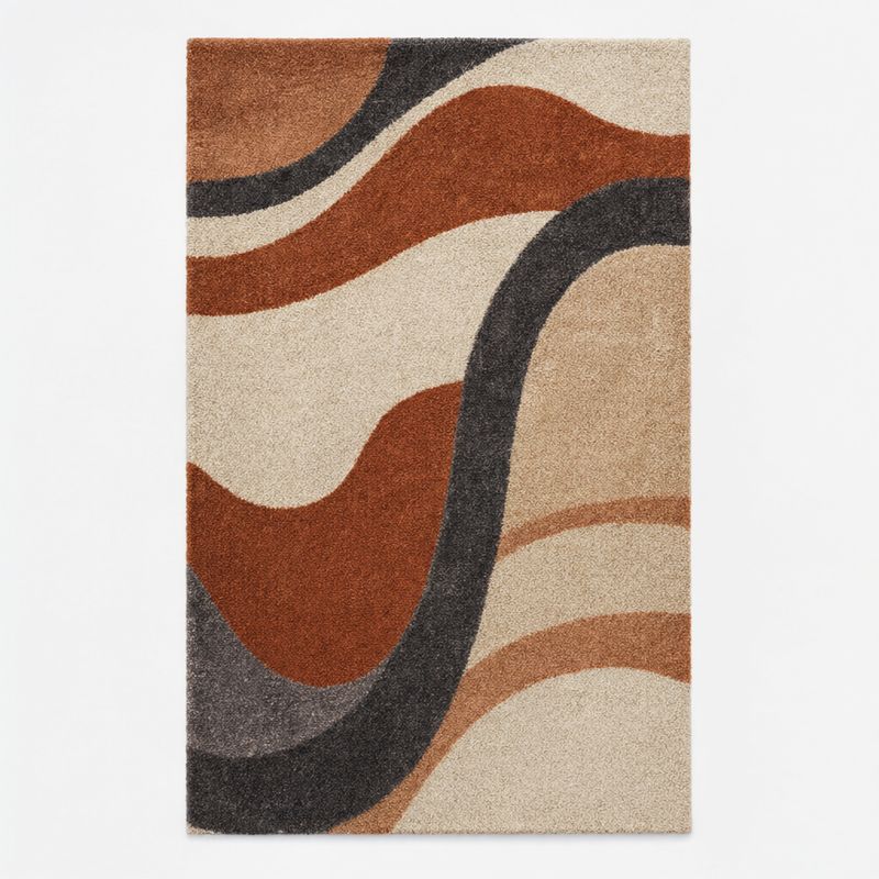 A rectangular wool rug with an abstract pattern of rust, cream, and charcoal curves seen from above