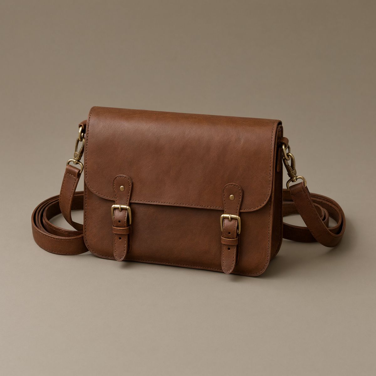 A tan leather field satchel with brass buckles and a long shoulder strap on a plain warm grey backdrop