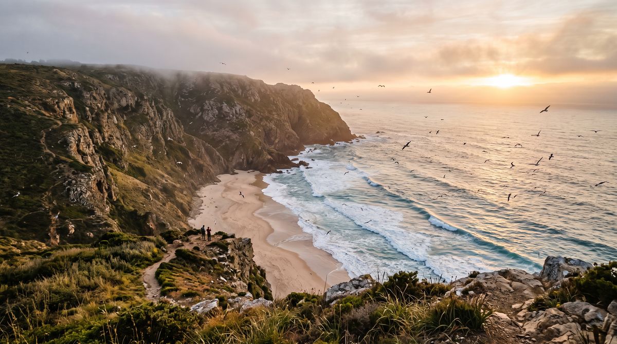 A misty coastal cliff at golden hour with waves rolling onto a beach far below and seabirds over the water