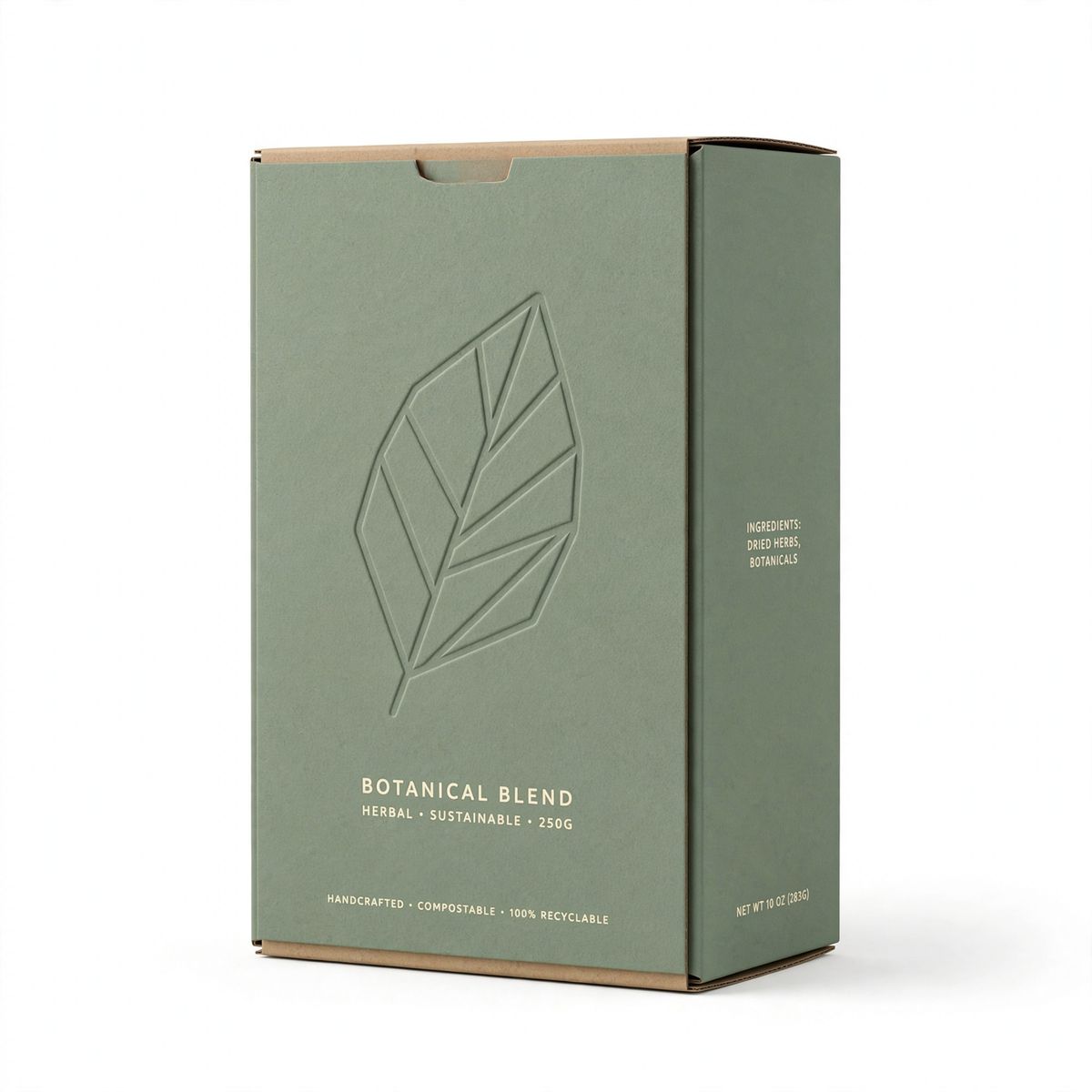 A sage-green rectangular product carton with a debossed leaf mark standing upright on a white background