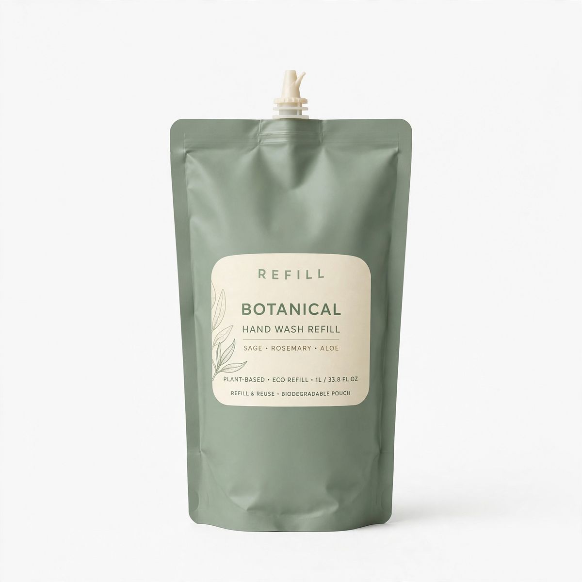 A standing sage-green matte refill pouch with a small spout cap on a white background