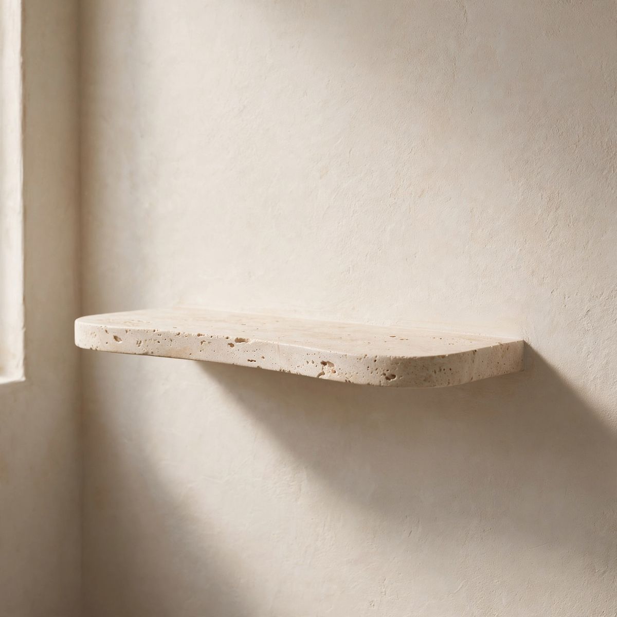 An empty pale travertine bathroom shelf against a warm off-white plaster wall in soft morning daylight
