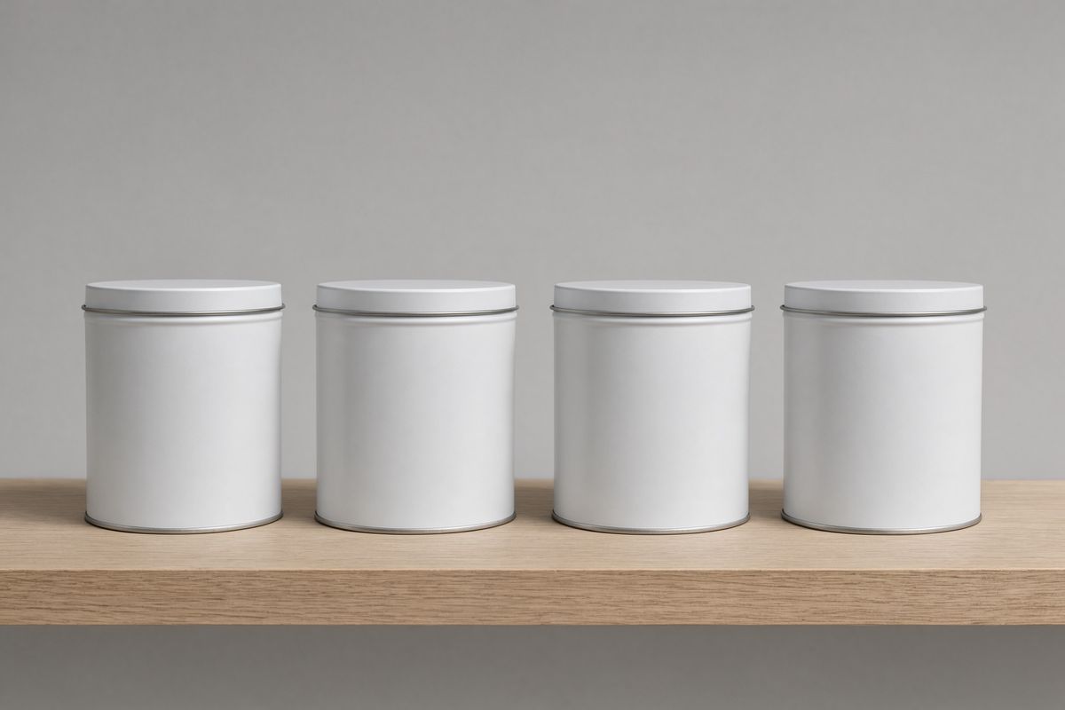 Four plain white candle tins in a row on a pale oak shelf against a gray wall