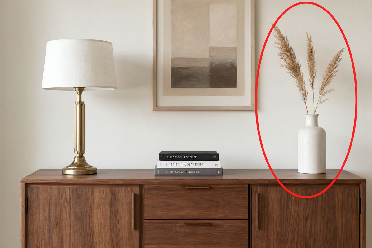 A walnut sideboard with a brass lamp on the left, a stack of art books in the middle, and a white vase with pampas stems on the right circled in red, under a framed abstract print
