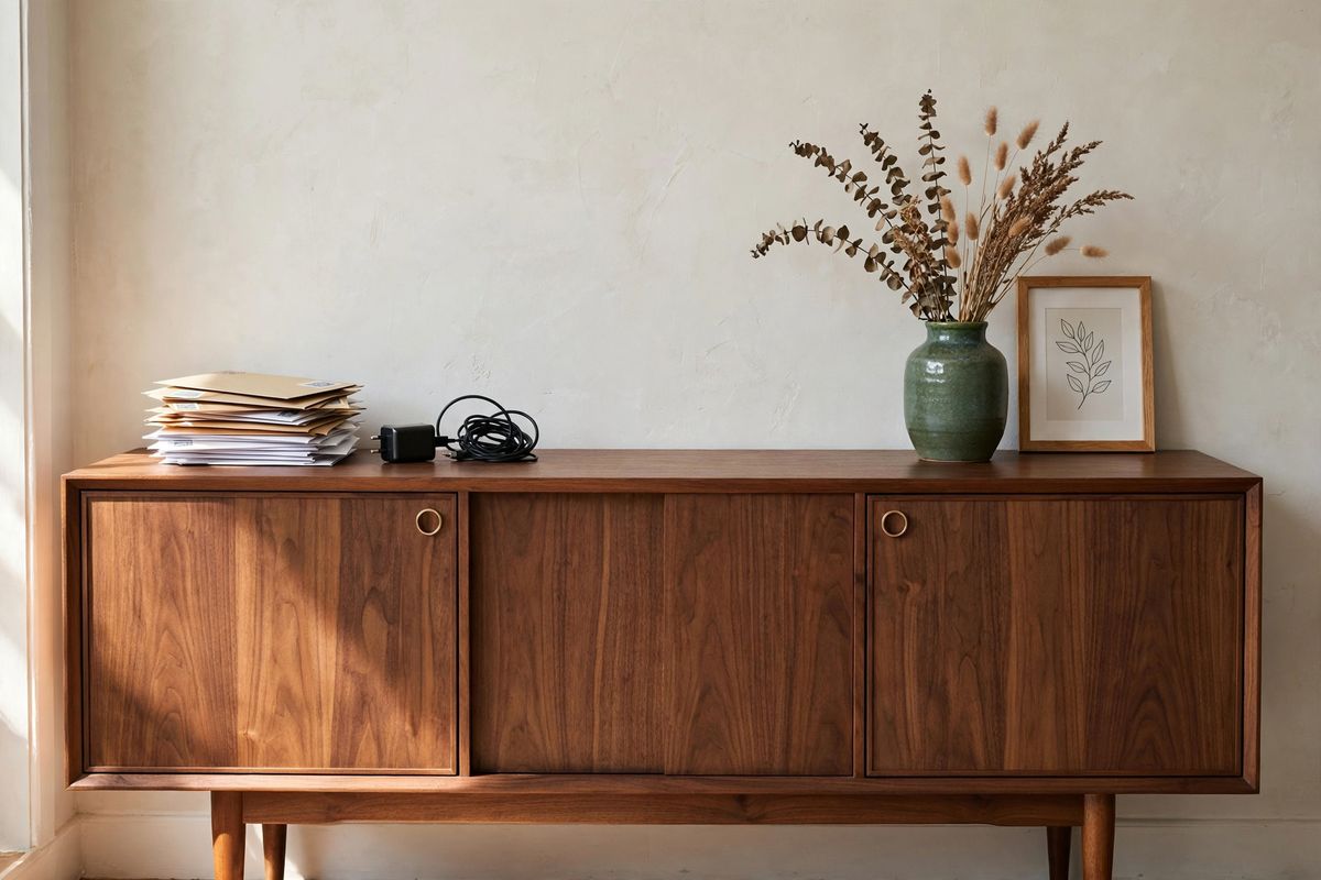 A walnut mid-century sideboard against a pale plaster wall, a green ceramic vase with dried stems and a small framed print at the right end, a stack of mail and a black phone charger with a coiled cable at the left end