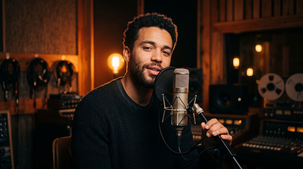 A young male singer with a short beard at a vintage microphone in a warm amber-lit studio, looking toward the camera