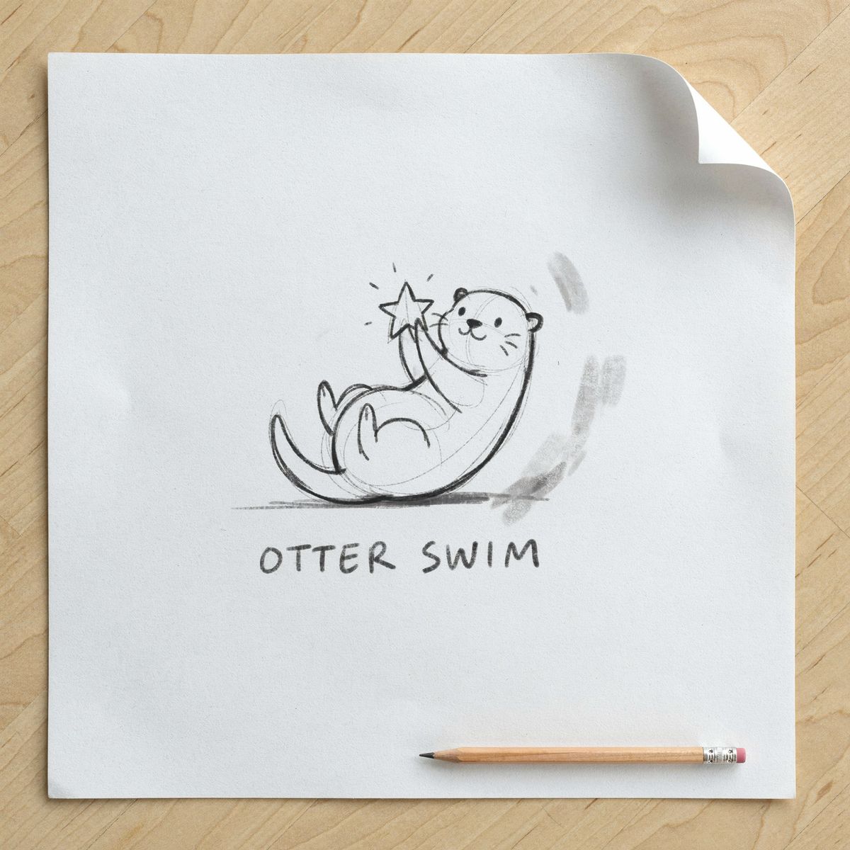 A rough pencil sketch on white paper of a cartoon otter floating on its back holding a star, with OTTER SWIM lettered loosely underneath