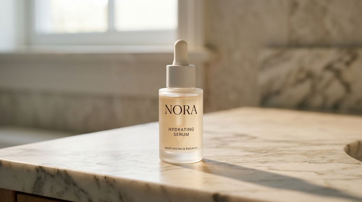 A premium skincare serum bottle with a slim frosted-glass body, matte-white cap, and a NORA HYDRATING SERUM label centred on a warm marble bathroom counter in morning light