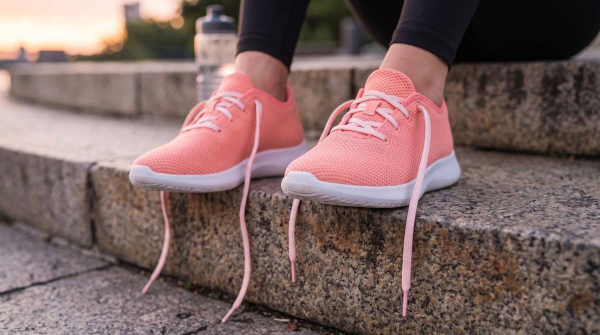 Close-up of a seated woman's feet in coral running sneakers with untied laces on a concrete step
