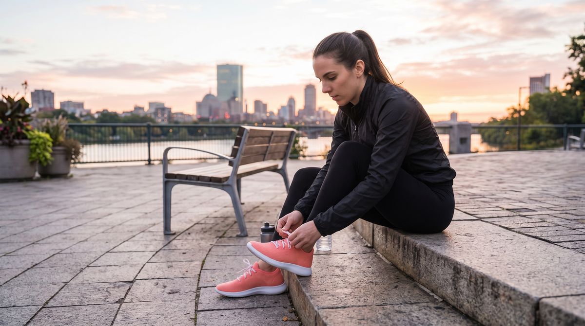 A woman in a black running jacket sitting on a concrete step in a city plaza, tying the laces of her coral sneakers