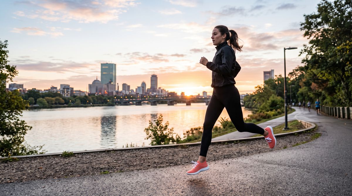 A runner in coral sneakers mid-stride on a riverside path, seen from the side with a city skyline across the water