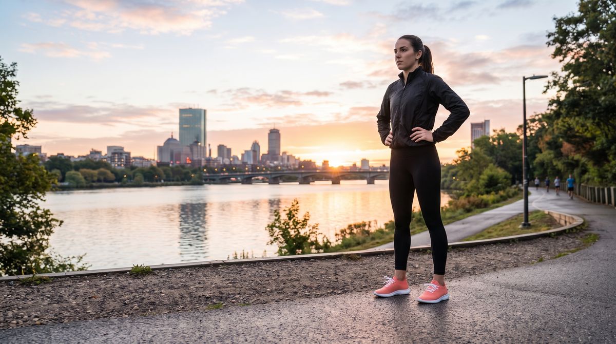 A runner in coral sneakers stopped at the end of a riverside path with her hands on her hips, a skyline behind her