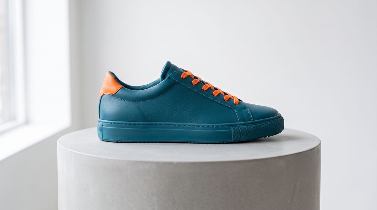 The same sneaker in a bold teal upper with orange laces and heel on the same pedestal and lighting