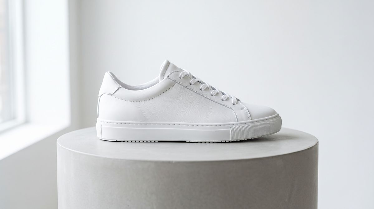 A white leather low-top sneaker centered on a pale grey studio pedestal in soft daylight