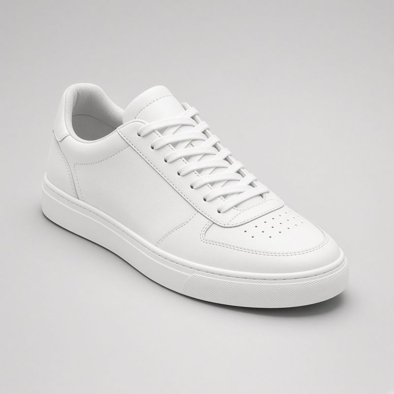 A white leather low-top sneaker on a plain light-grey studio background