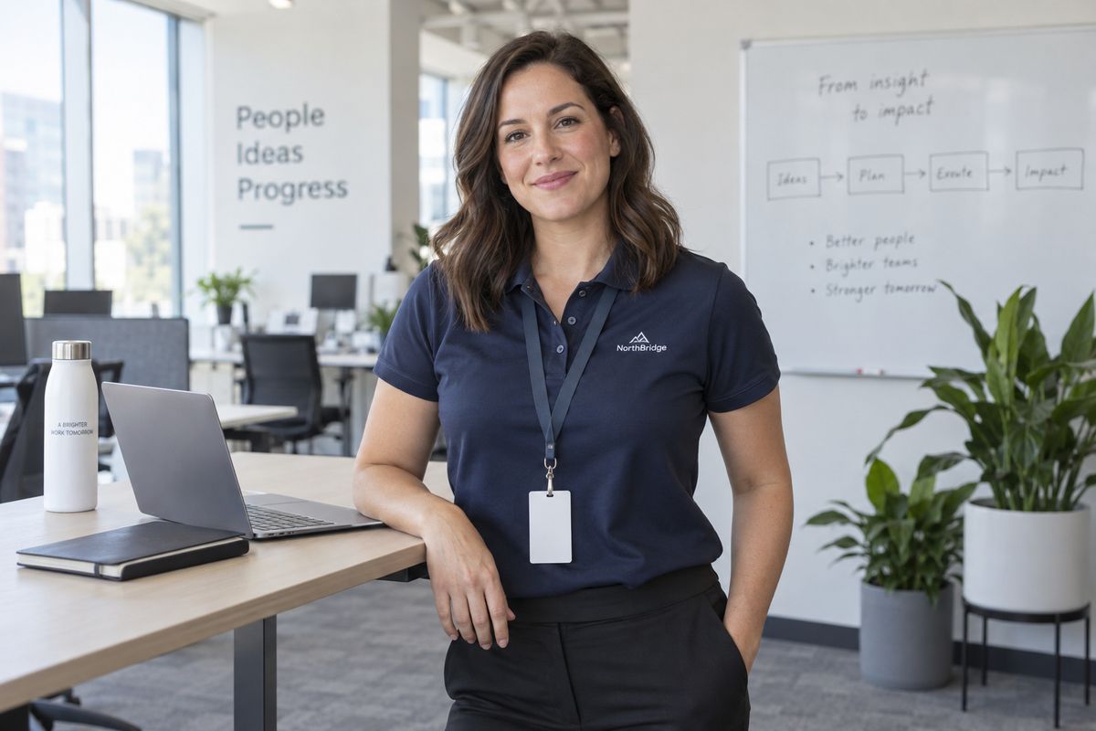 A woman in a navy branded polo standing beside a standing desk in a bright open-plan office, a lanyard around her neck, an open laptop and a closed notebook on the desk, a whiteboard and two potted plants behind her