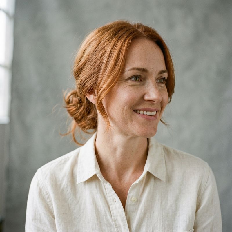 A photoreal editorial portrait of a woman in her late thirties with medium-length copper-red hair pulled into a loose low bun, warm hazel eyes, subtle freckles, and a plain cream linen shirt, smiling gently and looking slightly off-camera to the right against a neutral soft-grey backdrop