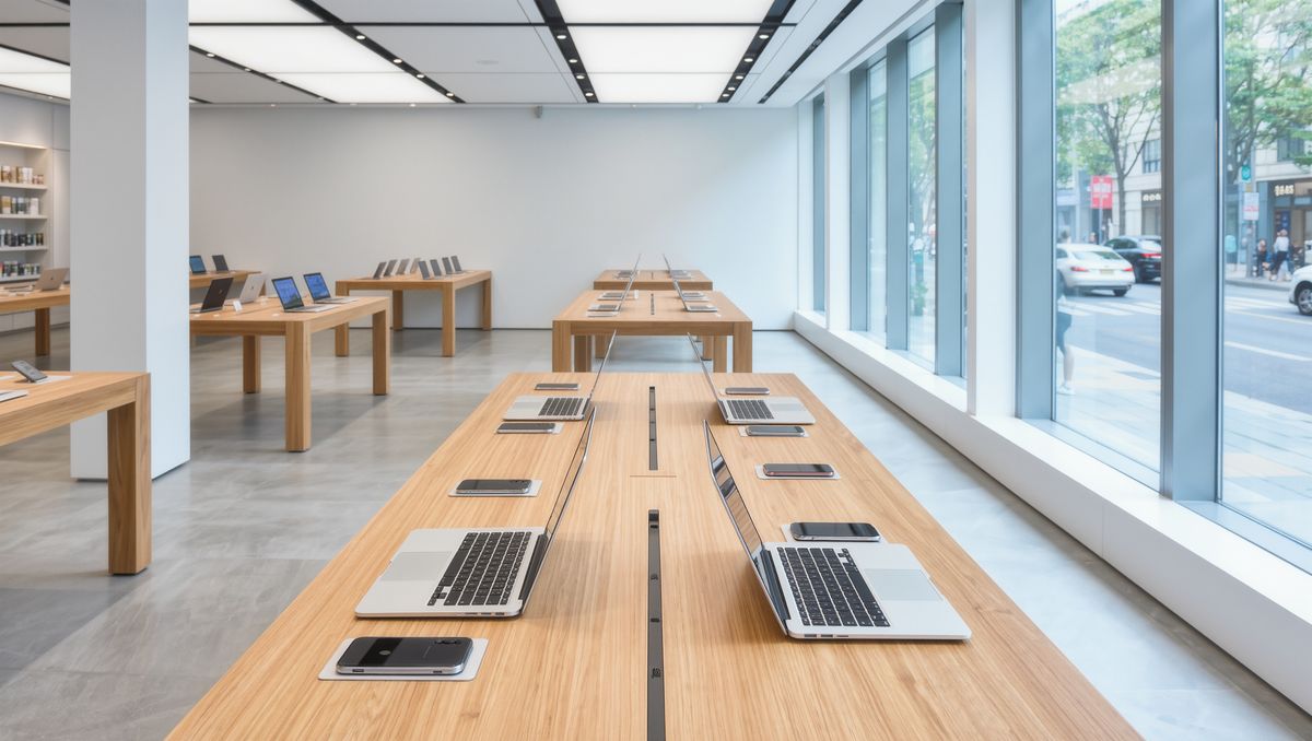 The interior of a bright electronics store with long light wood tables of laptops and phones and large windows