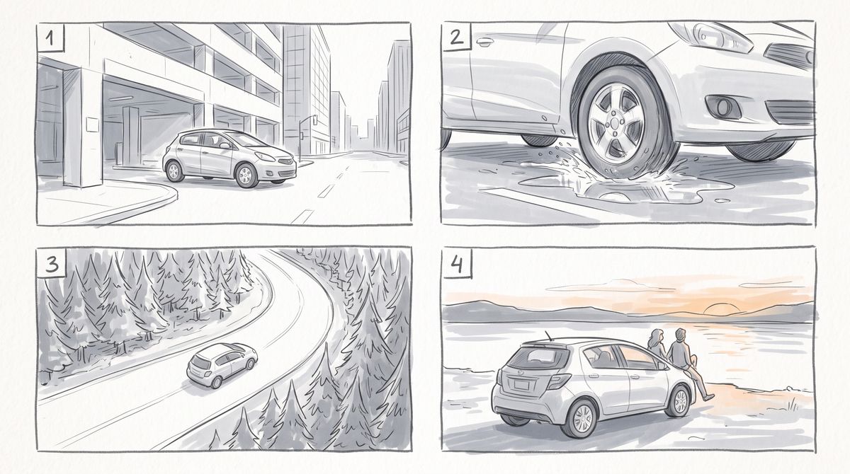 A two-by-two storyboard sheet of pencil sketches showing a hatchback leaving a parking garage, its wheel splashing through a puddle, the car on a forest road from above, and the car parked by a lake at sunset