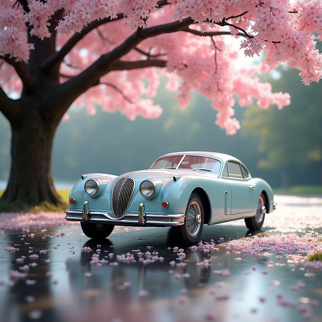 A vintage glass car parked under a blooming cherry blossom tree with petals falling