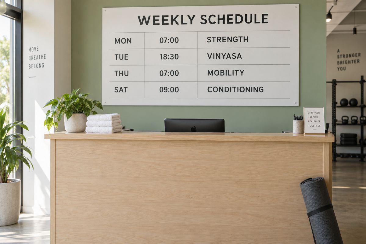 A fitness studio reception counter with folded towels and a potted plant, and a large printed weekly class schedule board on the wall behind it