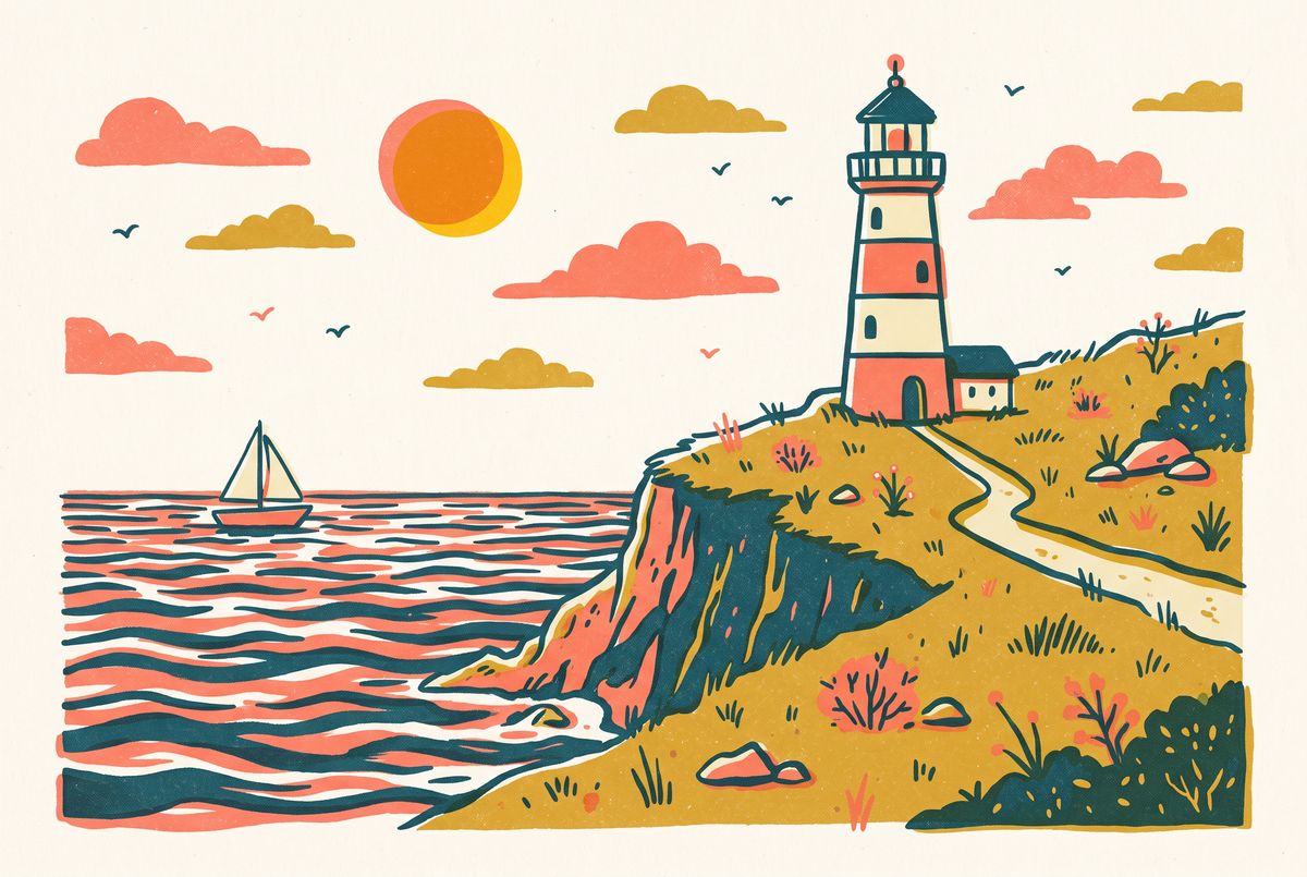 A flat illustration of a lighthouse on a grassy cliff above the sea with thick dark teal outlines, fills in coral, cream, mustard, and teal, and a risograph grain