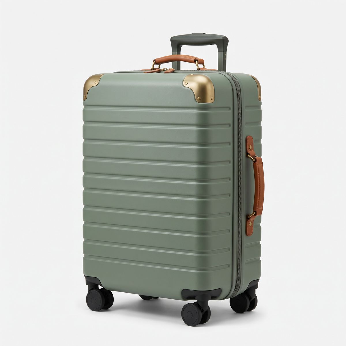 A matte sage green hard-shell carry-on suitcase with horizontal ribs, tan leather handles, brass corner caps, and black spinner wheels on a white backdrop