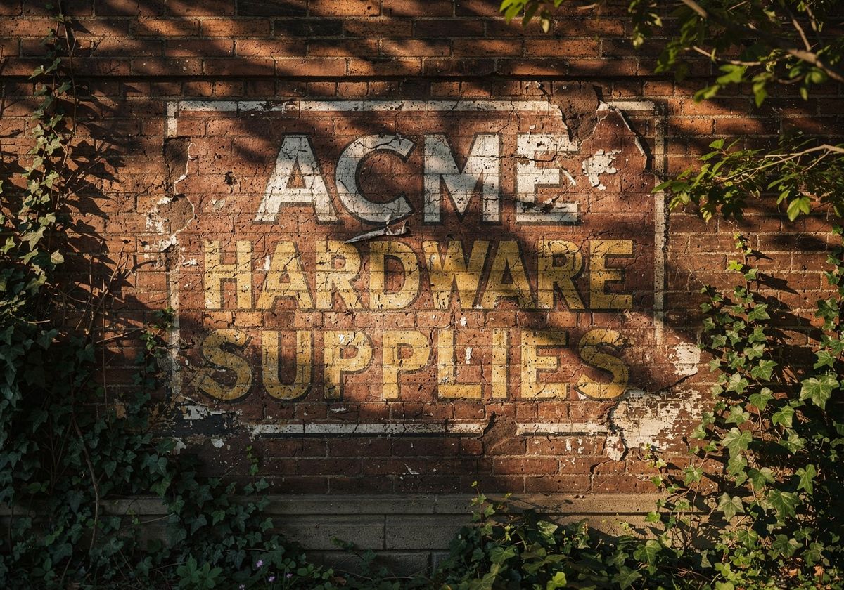 Weathered brick wall with a faded hand-painted sign reading ACME HARDWARE SUPPLIES