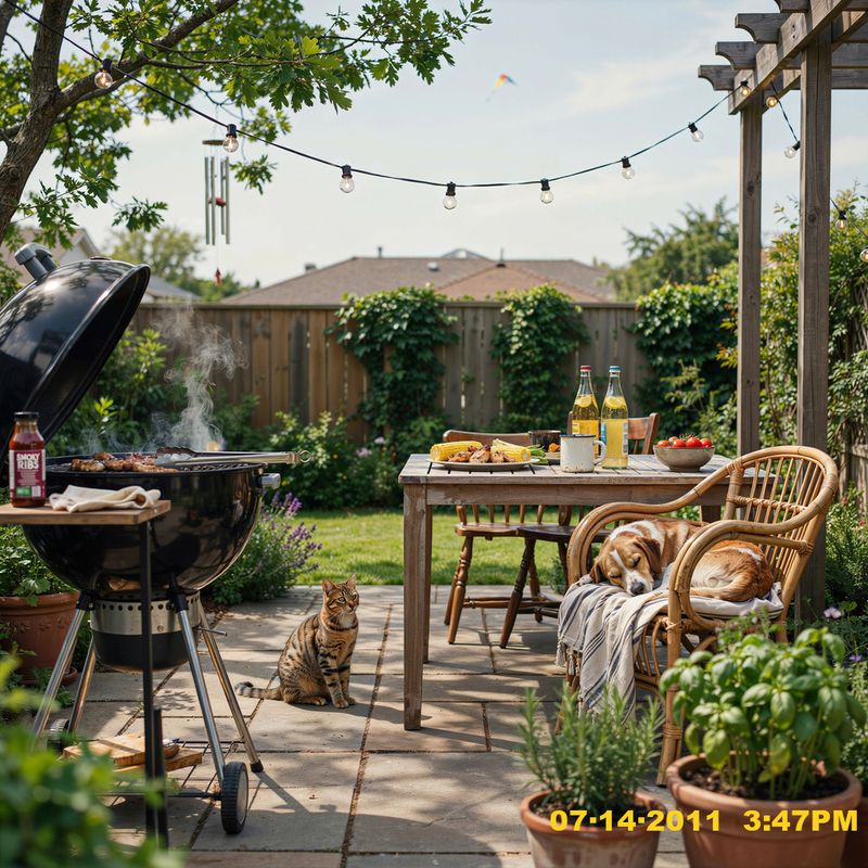 A backyard patio with a yellow 07-14-2011 camcorder timestamp in the bottom corner