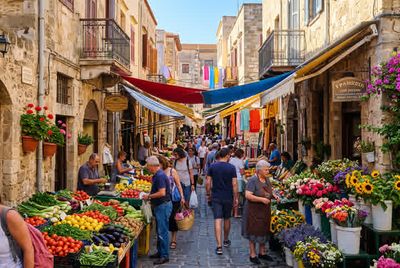 A blocky, heavily compressed photo of a busy street market