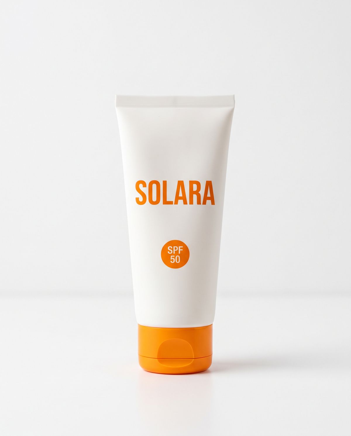 A matte white sunscreen tube with an orange flip cap, printed with SOLARA in orange capitals and SPF 50 in a small orange circle, on white