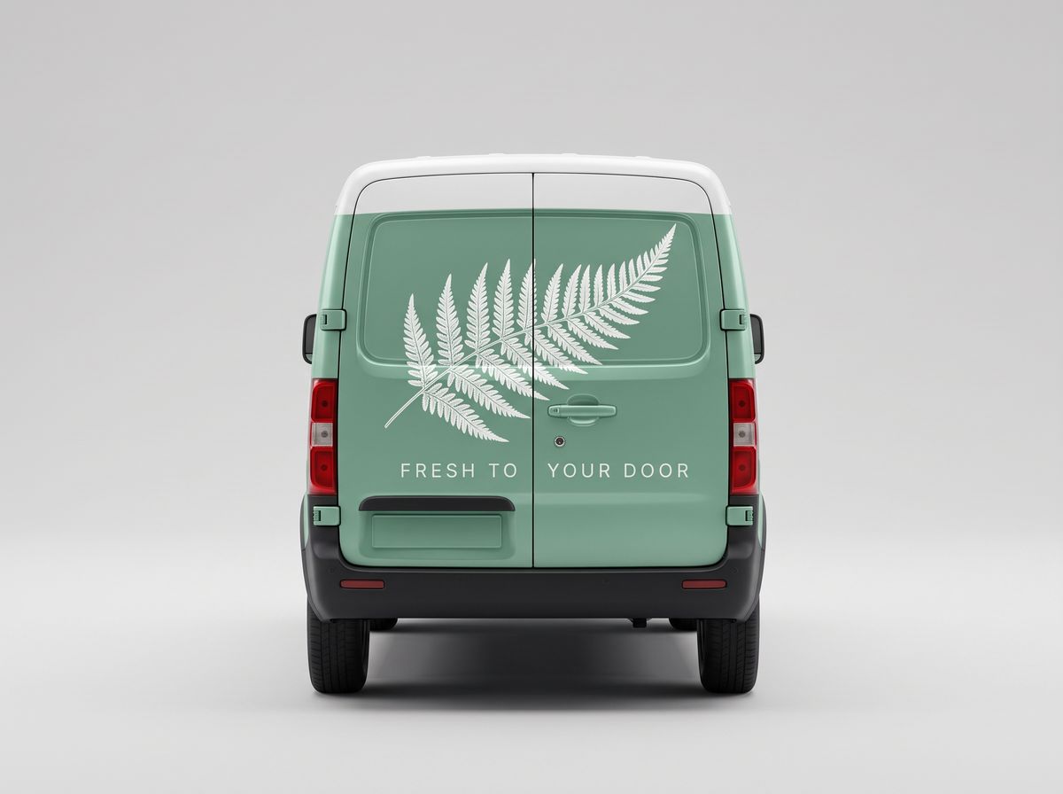 The same mint green van seen from directly behind, its two rear doors carrying a large white fern leaf illustration above the words FRESH TO YOUR DOOR
