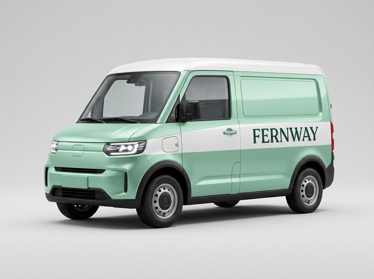 A mint green electric delivery van with a white roof and a white side stripe carrying the wordmark FERNWAY, seen from the front left on a light gray backdrop