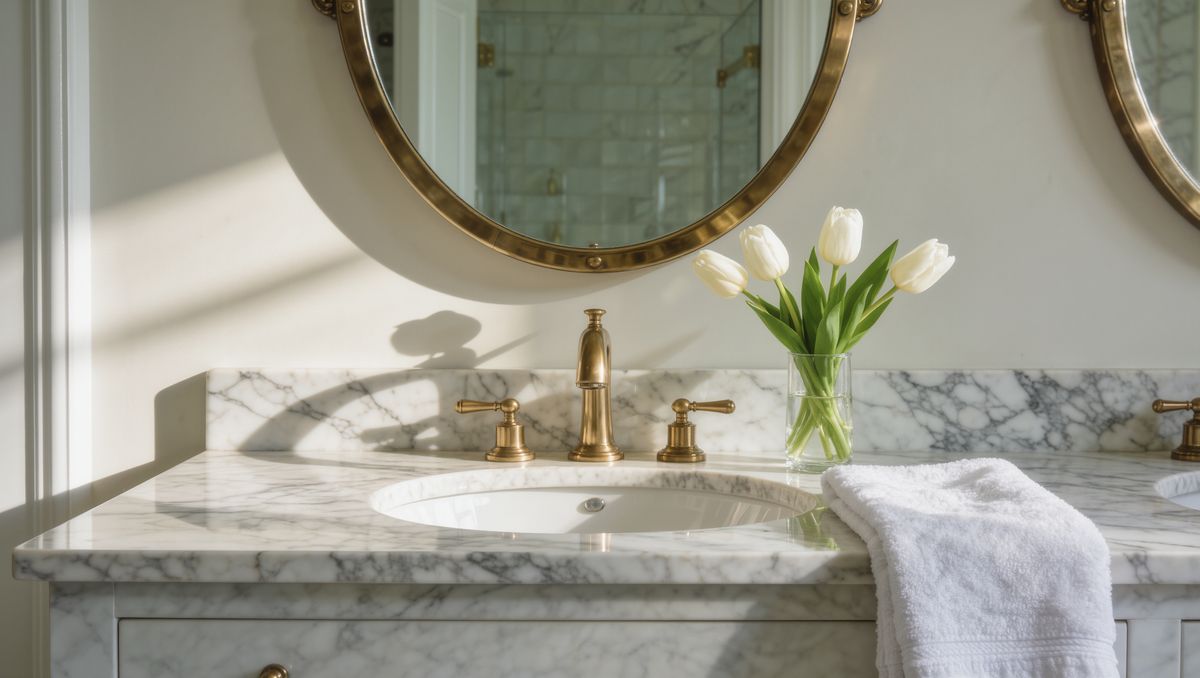A marble bathroom vanity with a round mirror, brass fixtures, a folded towel, and a vase of white tulips