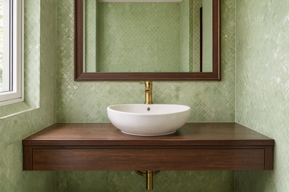A hotel bathroom vanity with a white vessel basin on a dark walnut counter, a brass tap and a wood-framed rectangular mirror against pale green zellige tiles