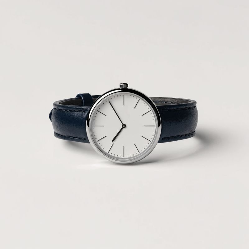 A classic minimalist dress wristwatch with a polished stainless steel case, matte white dial with black baton markers, and dark navy leather strap on a plain off-white studio backdrop