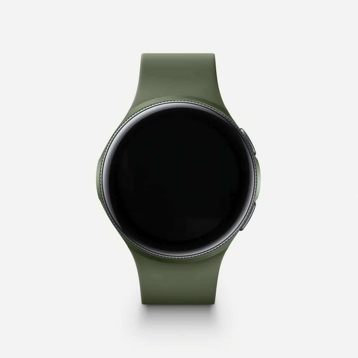 A smartwatch with a round black face and an olive green silicone strap on white