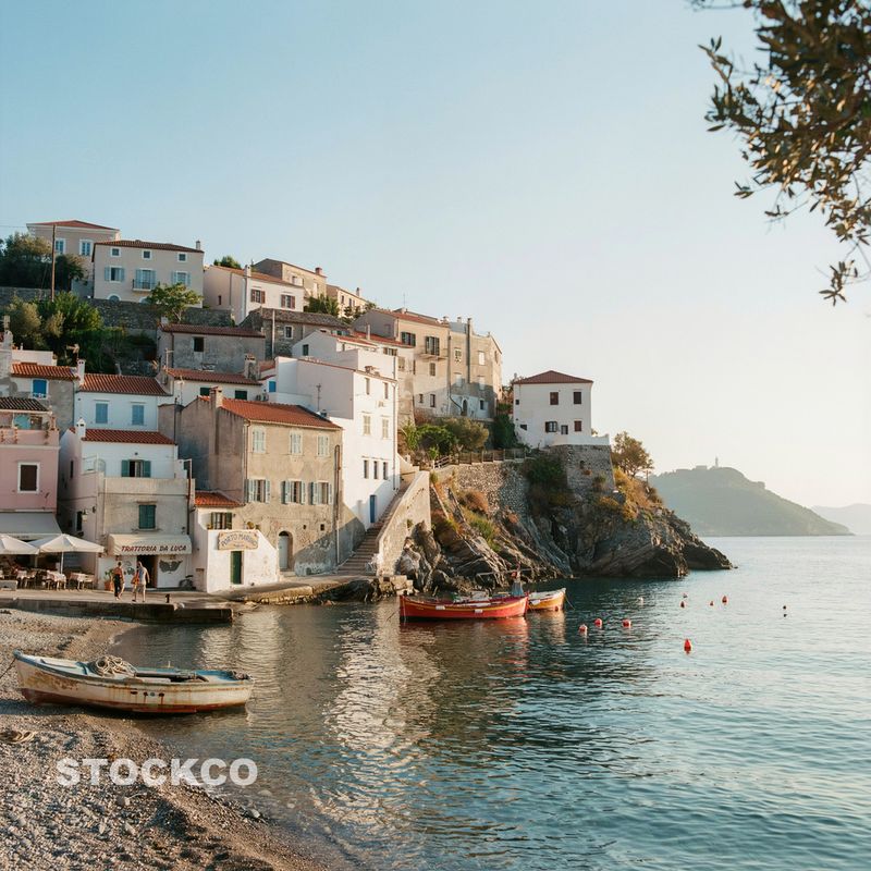A coastal village at golden hour with a semi-transparent STOCKCO watermark in the lower corner
