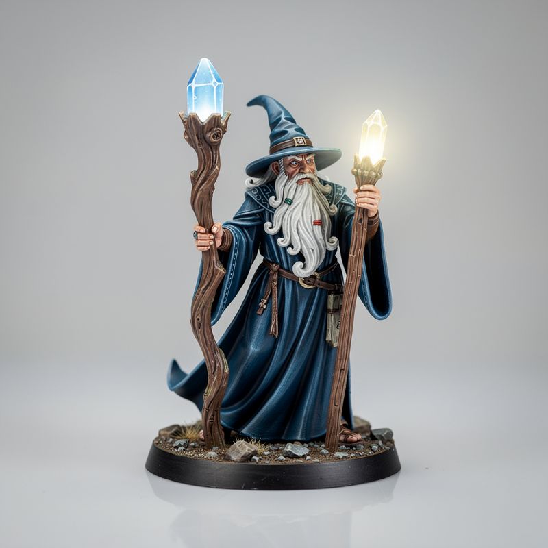 A hand-painted tabletop miniature of an elderly wizard in blue robes holding a glowing staff, on a round base