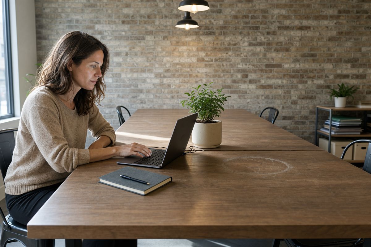 A woman working at a laptop on a long walnut table in a co-working space, shot wide with a glazed brick wall behind her