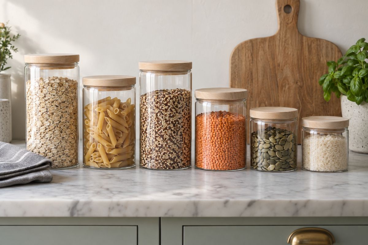 A kitchen worktop lined with six glass storage jars of different sizes, each with a pale wooden lid, beside a wooden board, a folded cloth and a small potted herb